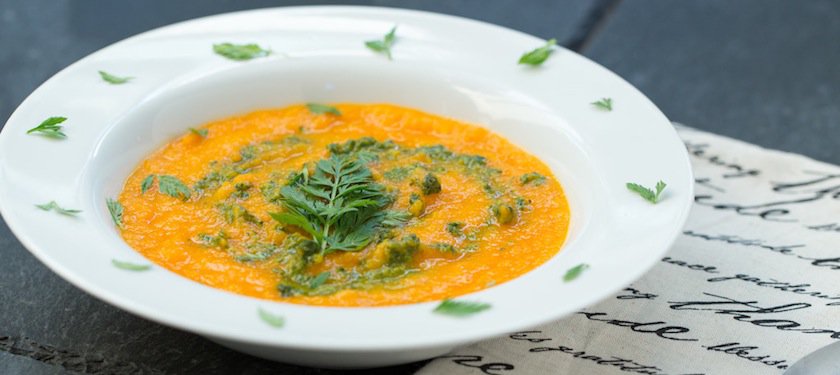 Carrot Soup with Carrot Top Garlic Pesto