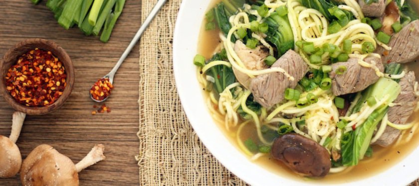 Beef Noodle Soup with Shitake Mushrooms and Baby Bok Choy